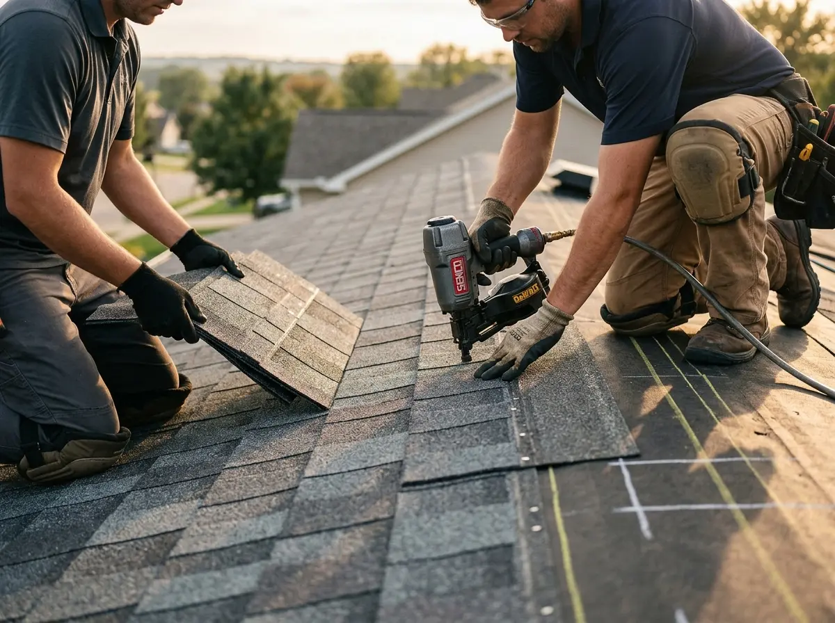 Professional roofer working on a residential roof in McGregor